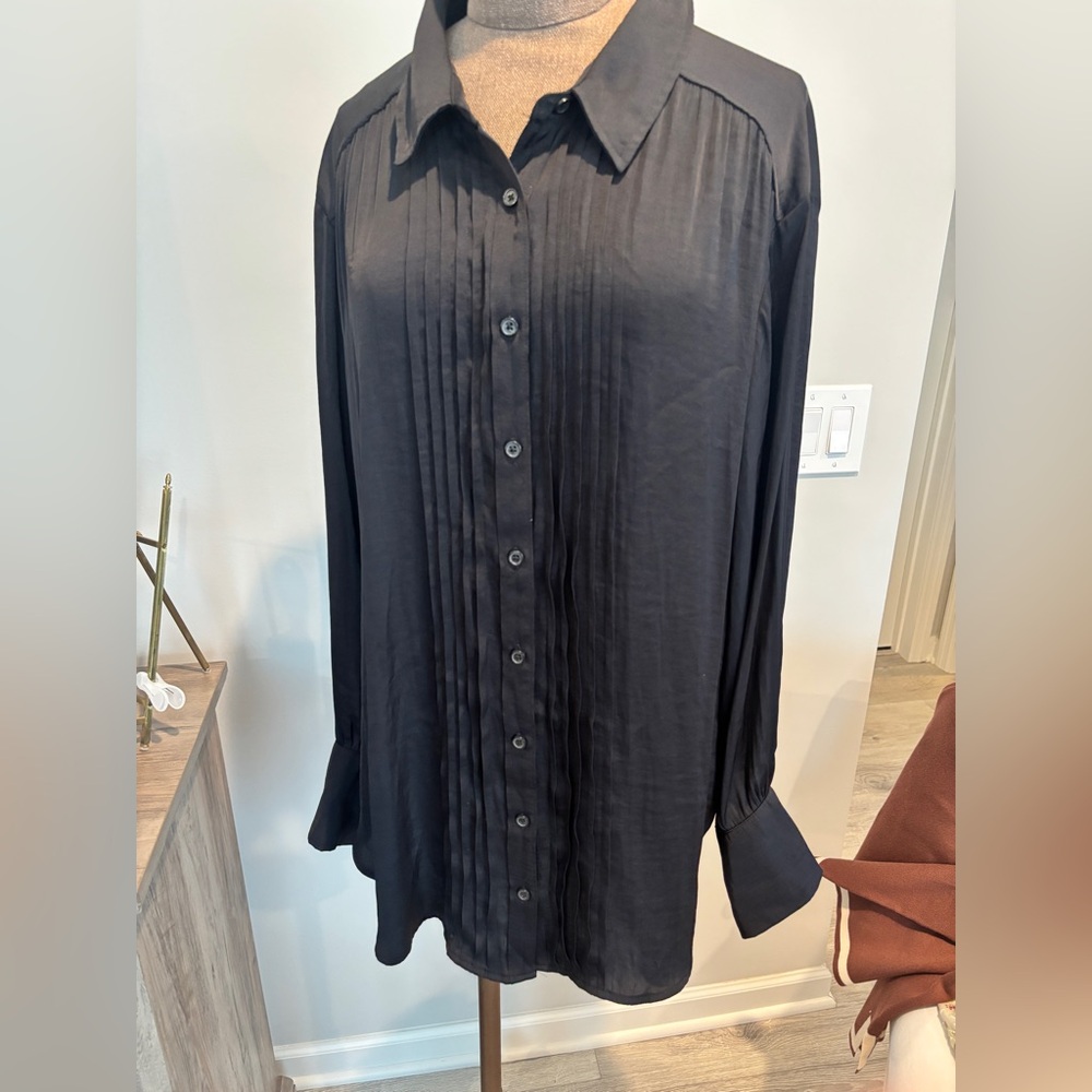 Anthropologie Black Button-Down Pleated Front Shirt